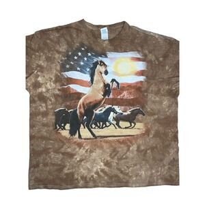 Men's Brown Tie-Dye T-Shirt Mustangs Horses American Flag Size 3XL